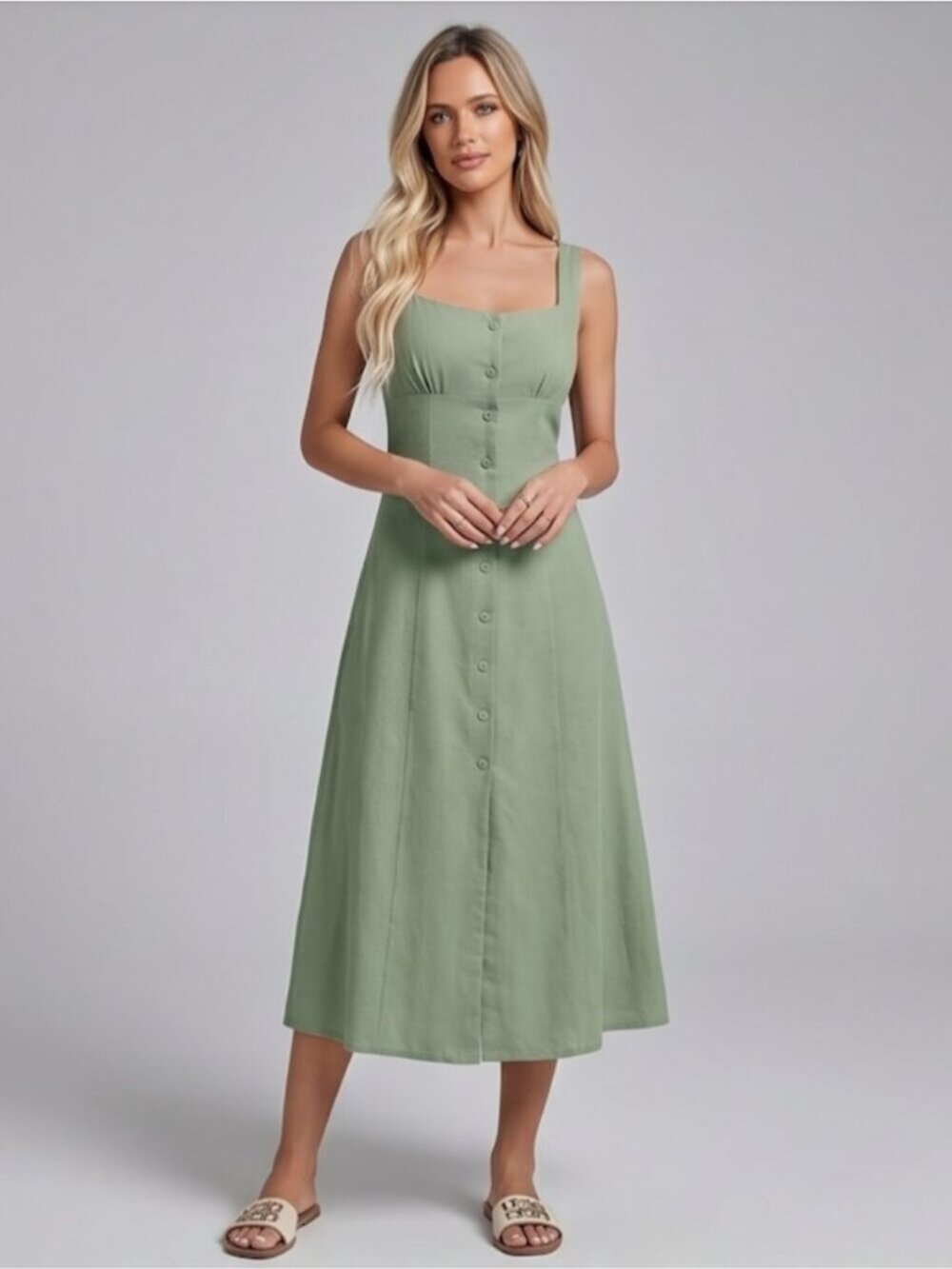 Sage Green 100% Cotton Button-Front Midi Sundress | Tie-Back A-Line Dress